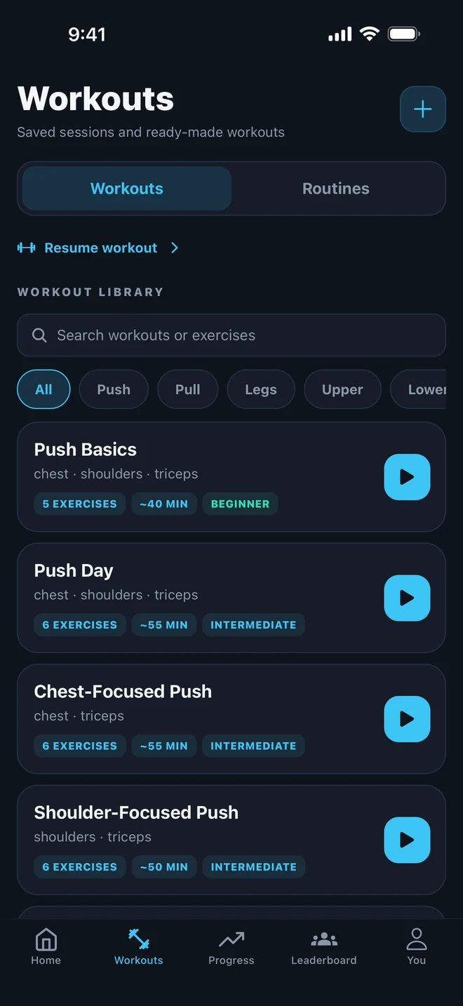 Gymr workout library with saved workouts and training routines